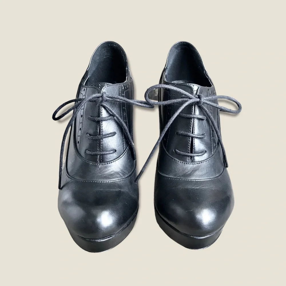 Bata Genuine Black Leather Oxford Stiletto/Pump Lace Up Platform Ankle Booties - Picture 8 of 14
